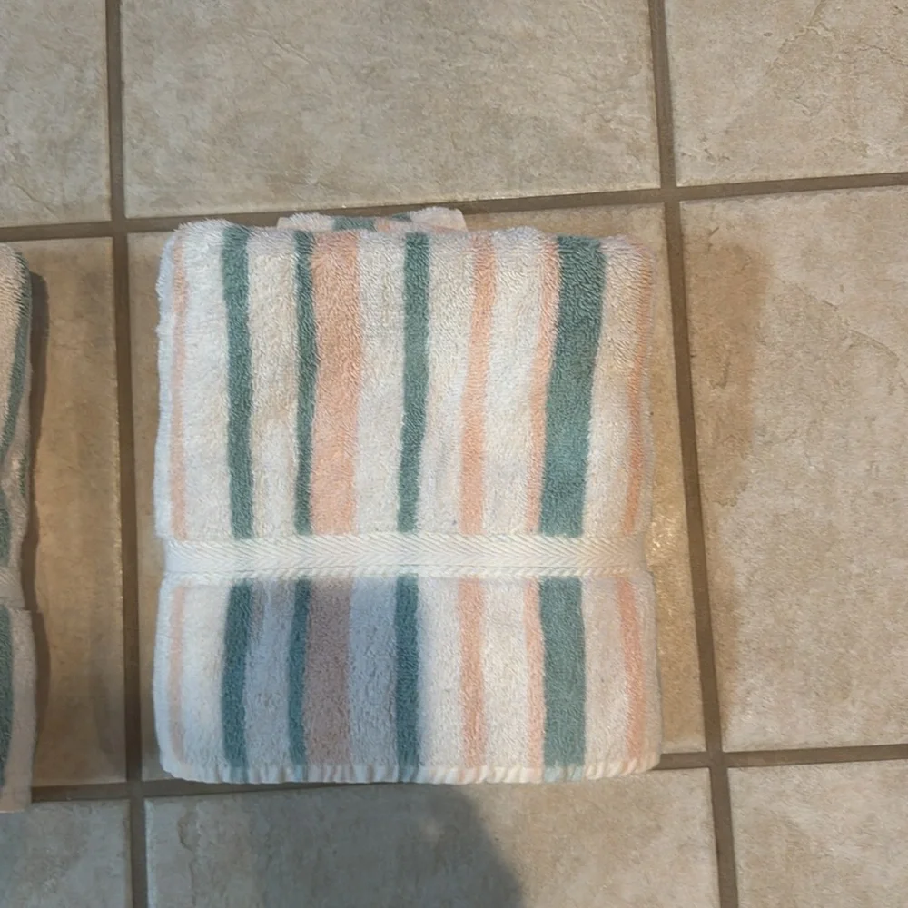 Pair of Caress Striped Vintage Towels in White, Peach, and Teal Cotton